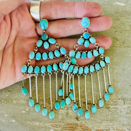 Navajo Renell Perry Sterling Silver & Campitos Turquoise Chandelier Statement Earrings