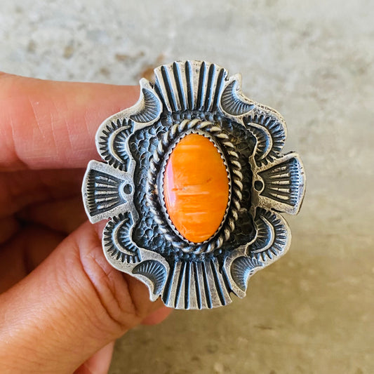 Navajo Kindale Billah Sterling Silver & Orange Spiny Oyster Ring