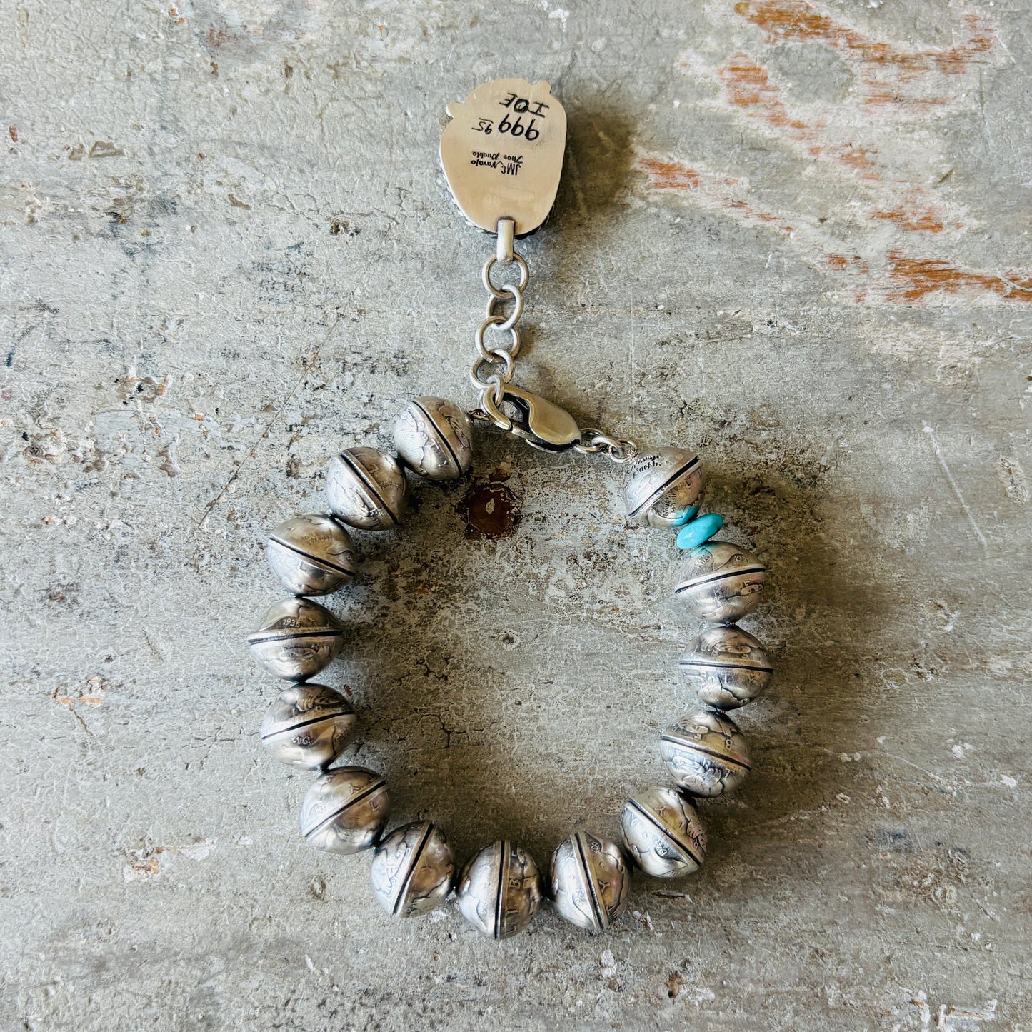 Navajo James McCabe Sterling Silver - Liberty Dime Beads & Turquoise Bracelet