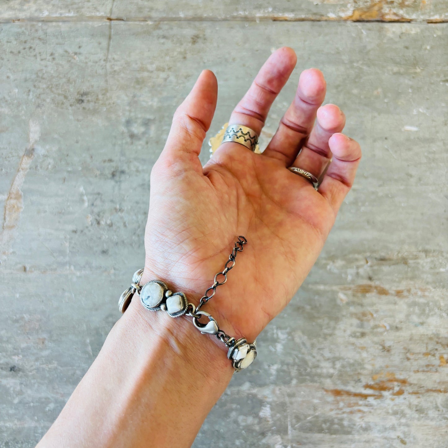 Navajo Kathleen Livingston Sterling Silver & White Buffalo Double Row Bracelet