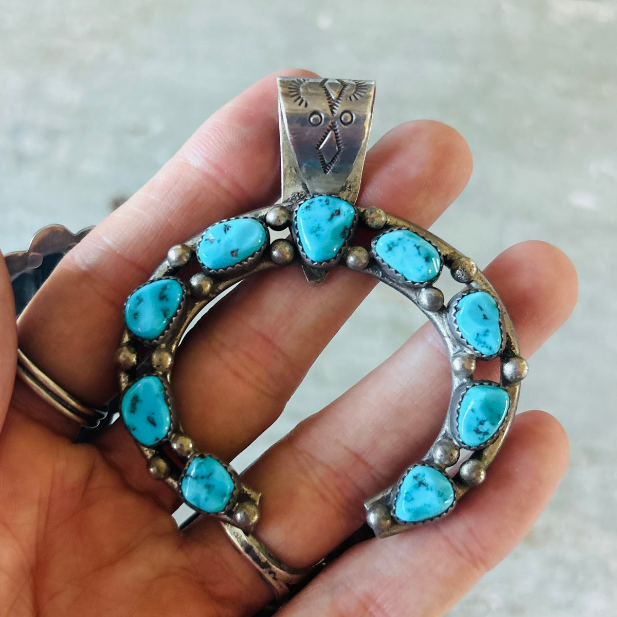 Vintage Navajo Signed Sterling Silver & Kingman Turquoise Naja Pendant