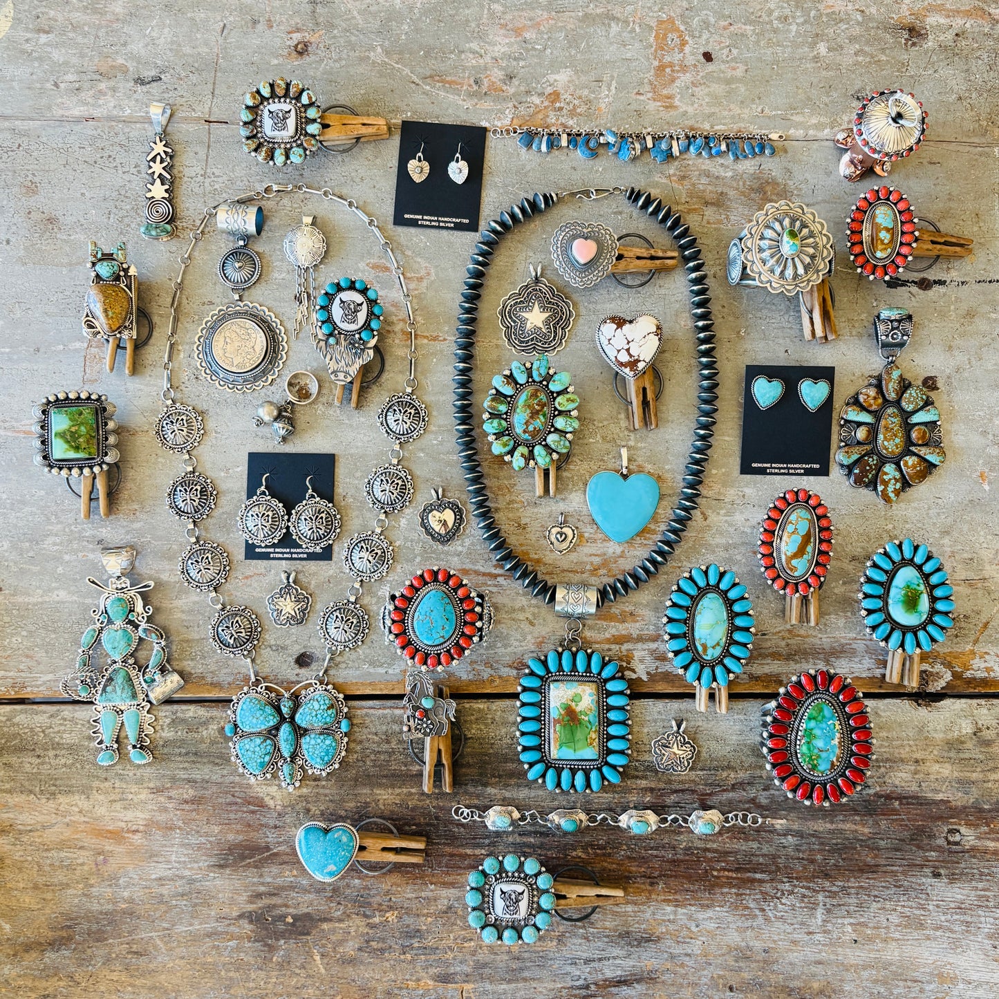 Navajo Hemerson Brown Sterling Silver & Web Kingman Butterfly Concho Statement Necklace Set