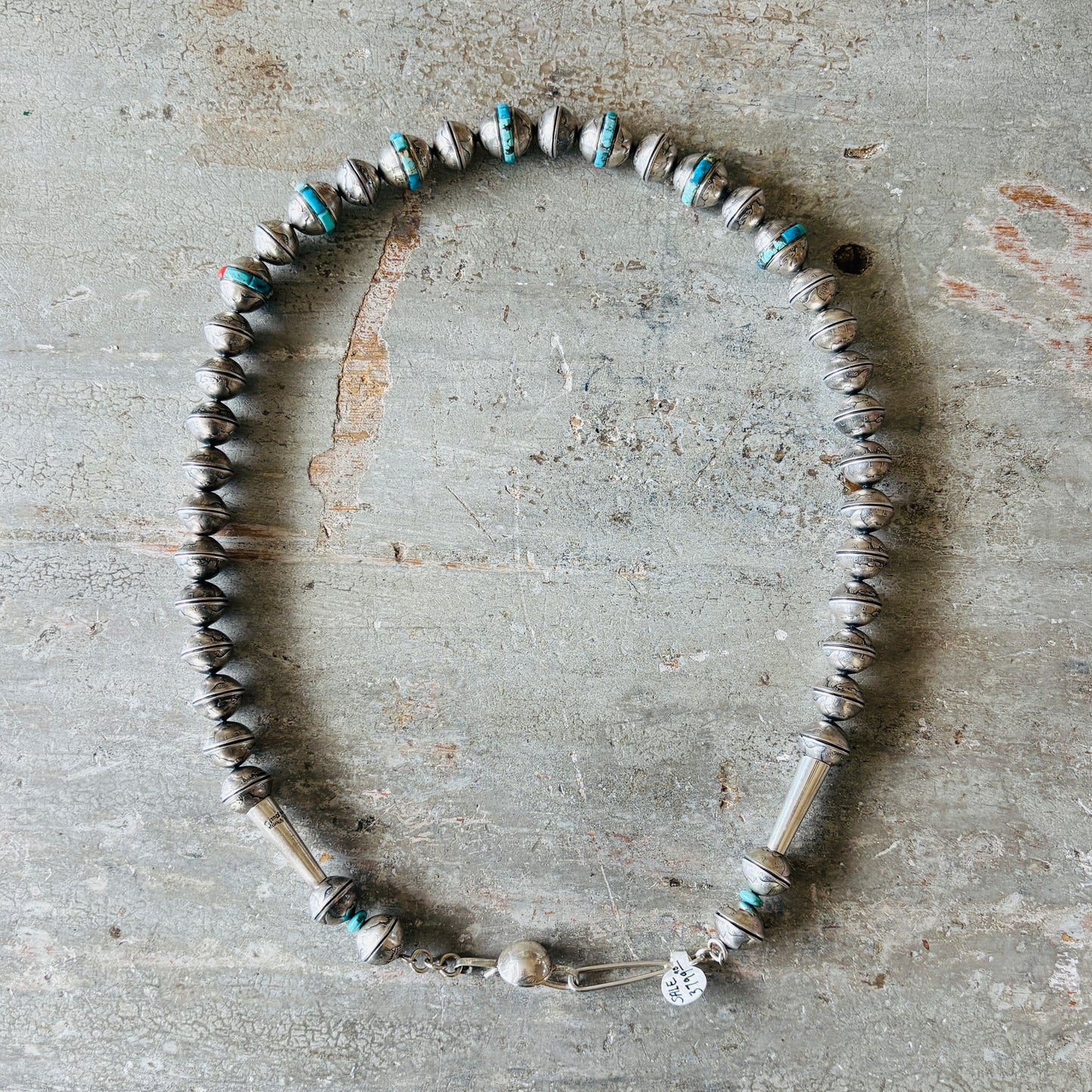 Navajo James McCabe Sterling Silver - Turquoise & Red Coral Inlay Liberty Dime Beads Necklace