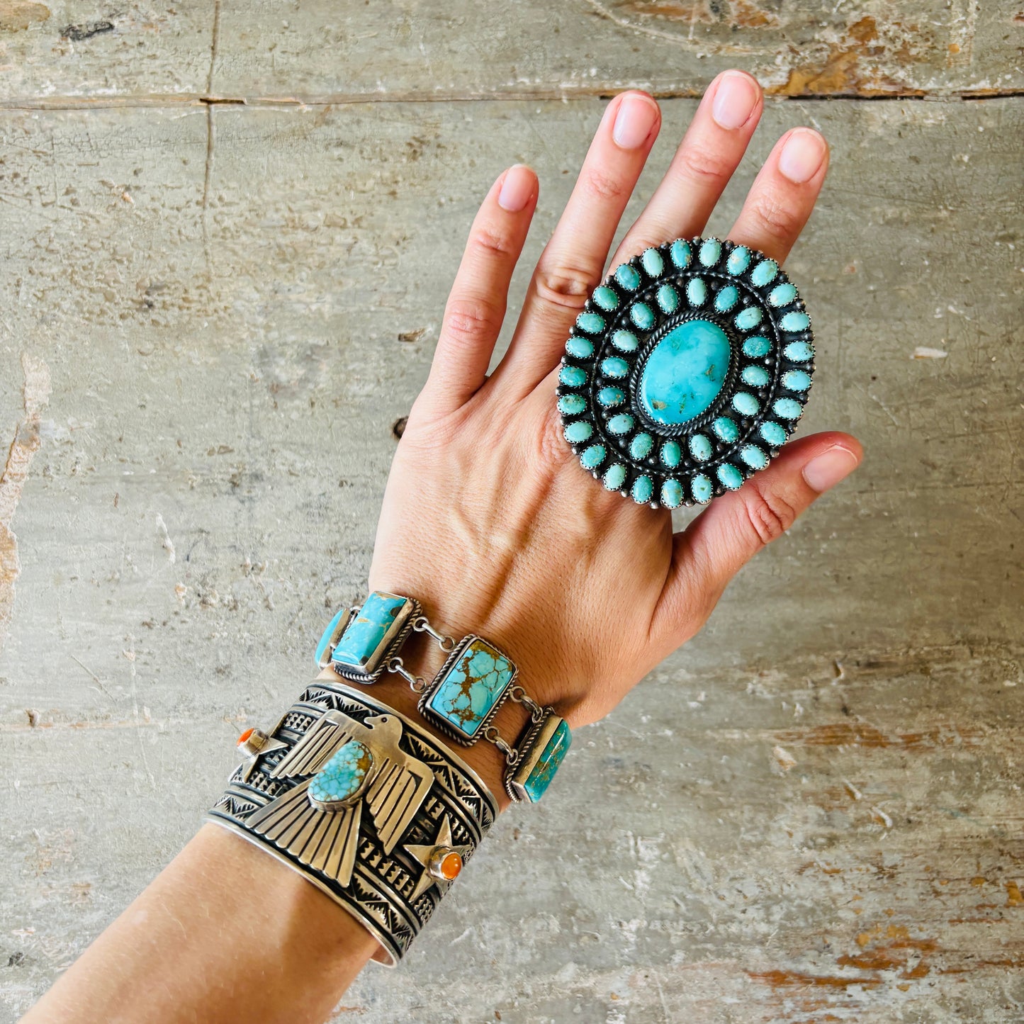 Navajo Readda Begay Sterling Silver & Kingman Cluster Ring