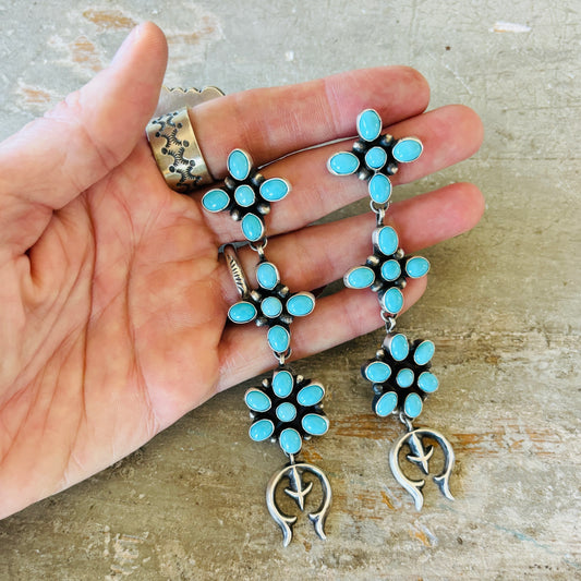 Navajo Travis Jim Sterling Silver & Kingman Turquoise Cluster Naja Earrings