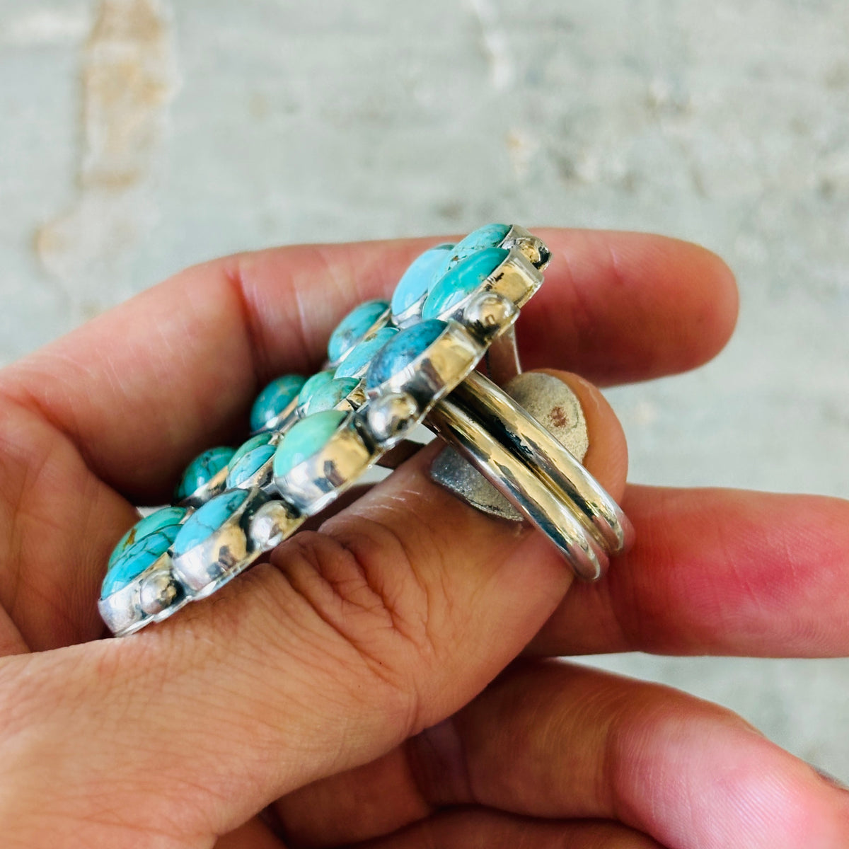 Navajo Melvin & Tiffany Jones Sterling Silver - Mixed Turquoise Cluster Naja Ring