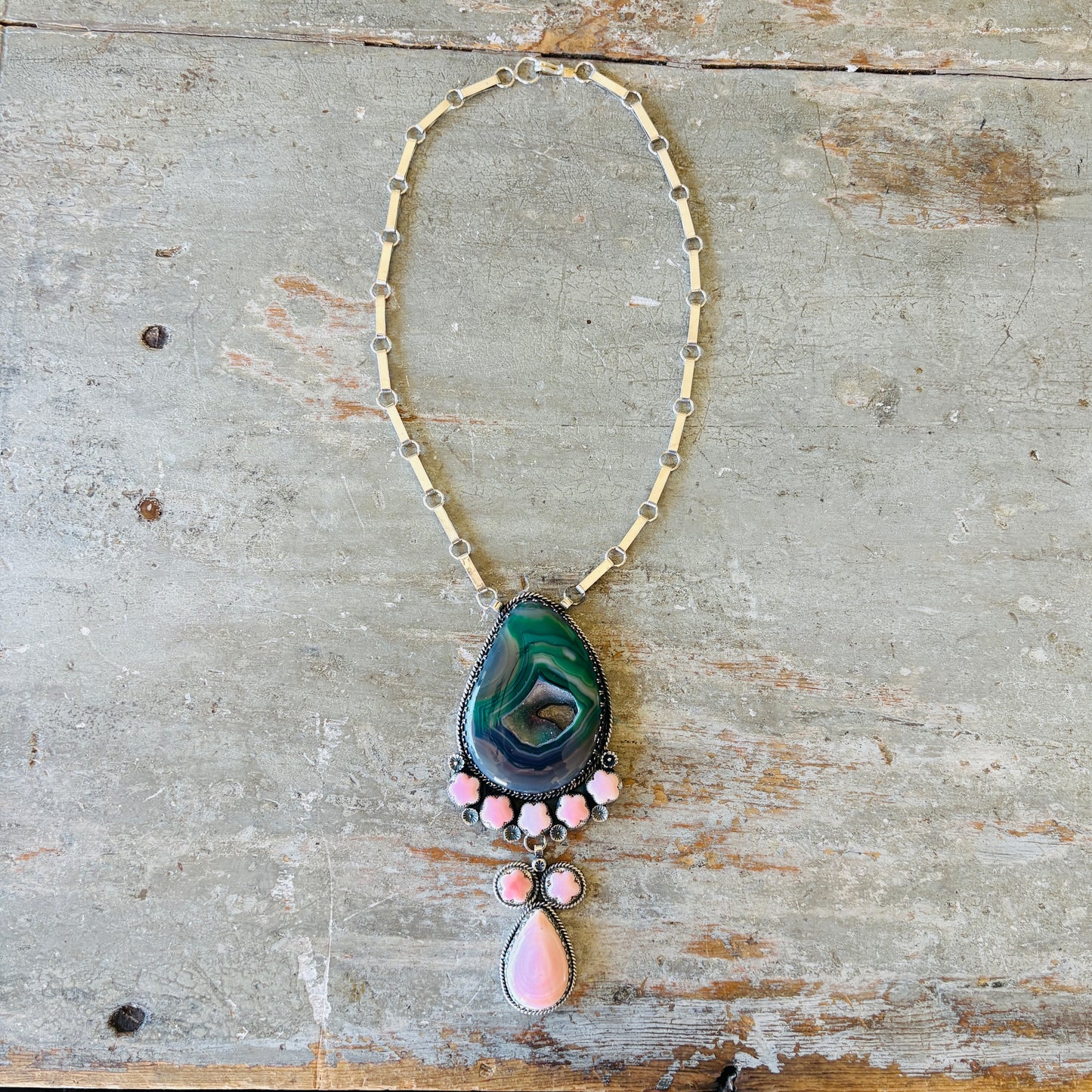 Navajo Hemerson Brown Sterling Silver - Druzy & Pink Conch Statement Necklace