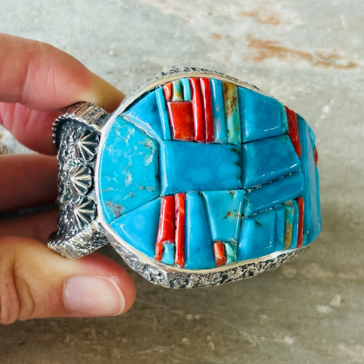 Navajo Lester James Sterling Silver - Red Coral & Kingman Turquoise Cobblestone Cuff