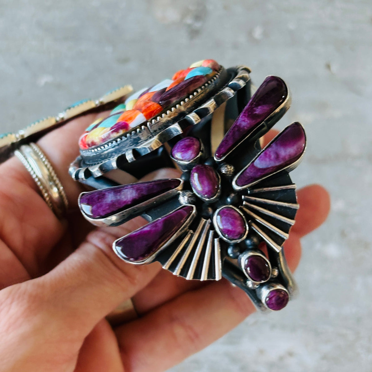 Navajo Marcus Chavez Sterling Silver Multi Stone Dragonfly Cobblestone Cuff