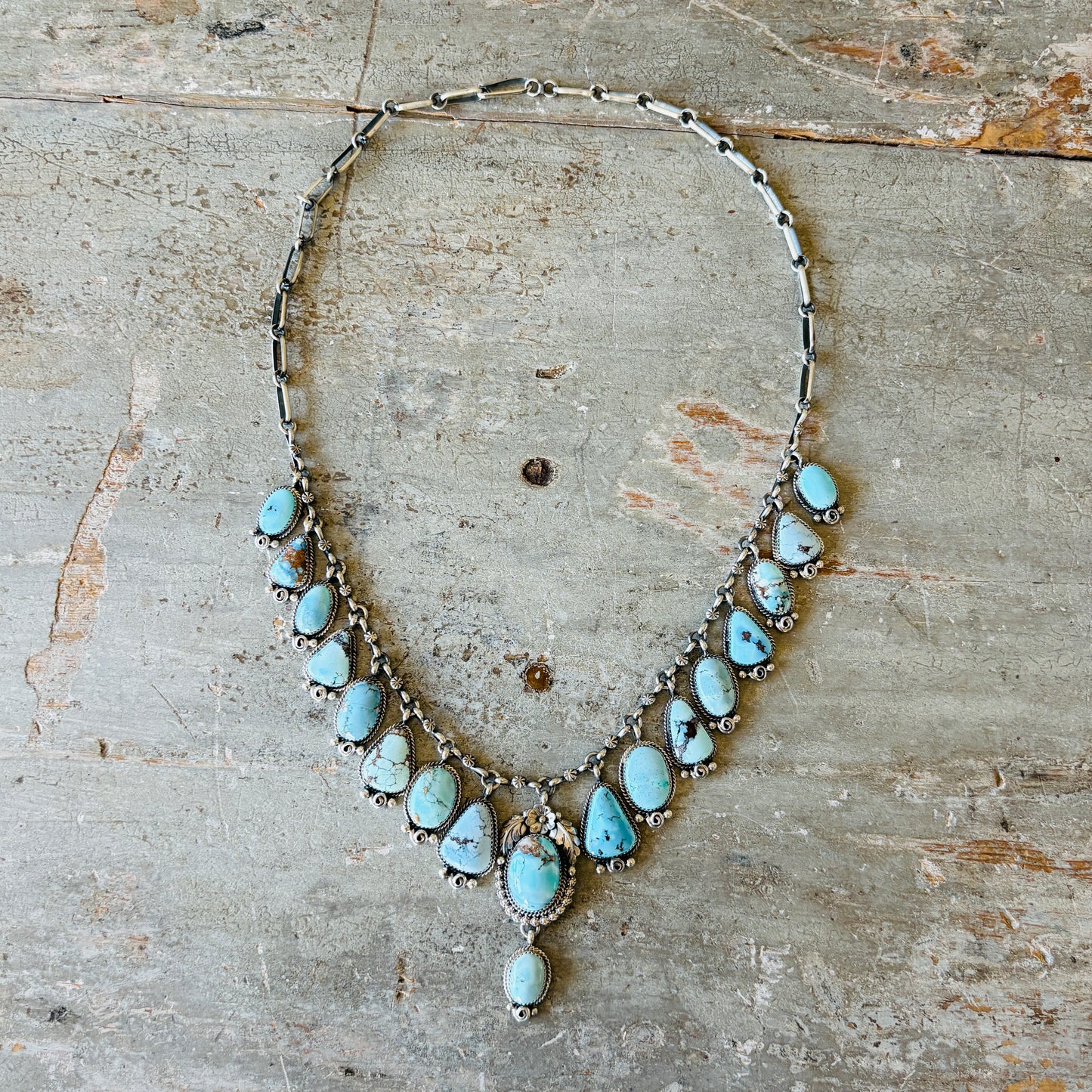 Navajo Brenda Jimenez Sterling Silver & Golden Hills Turquoise Waterfall Statement Necklace