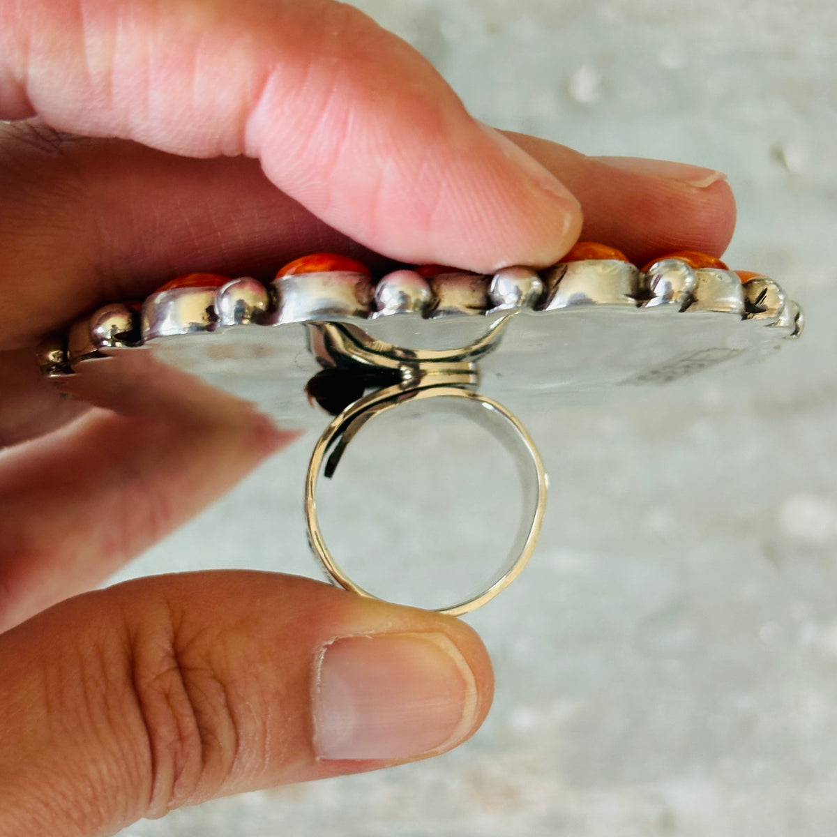 Navajo Tyler Brown Sterling Silver & Orange Spiny Oyster Heart Cluster Ring