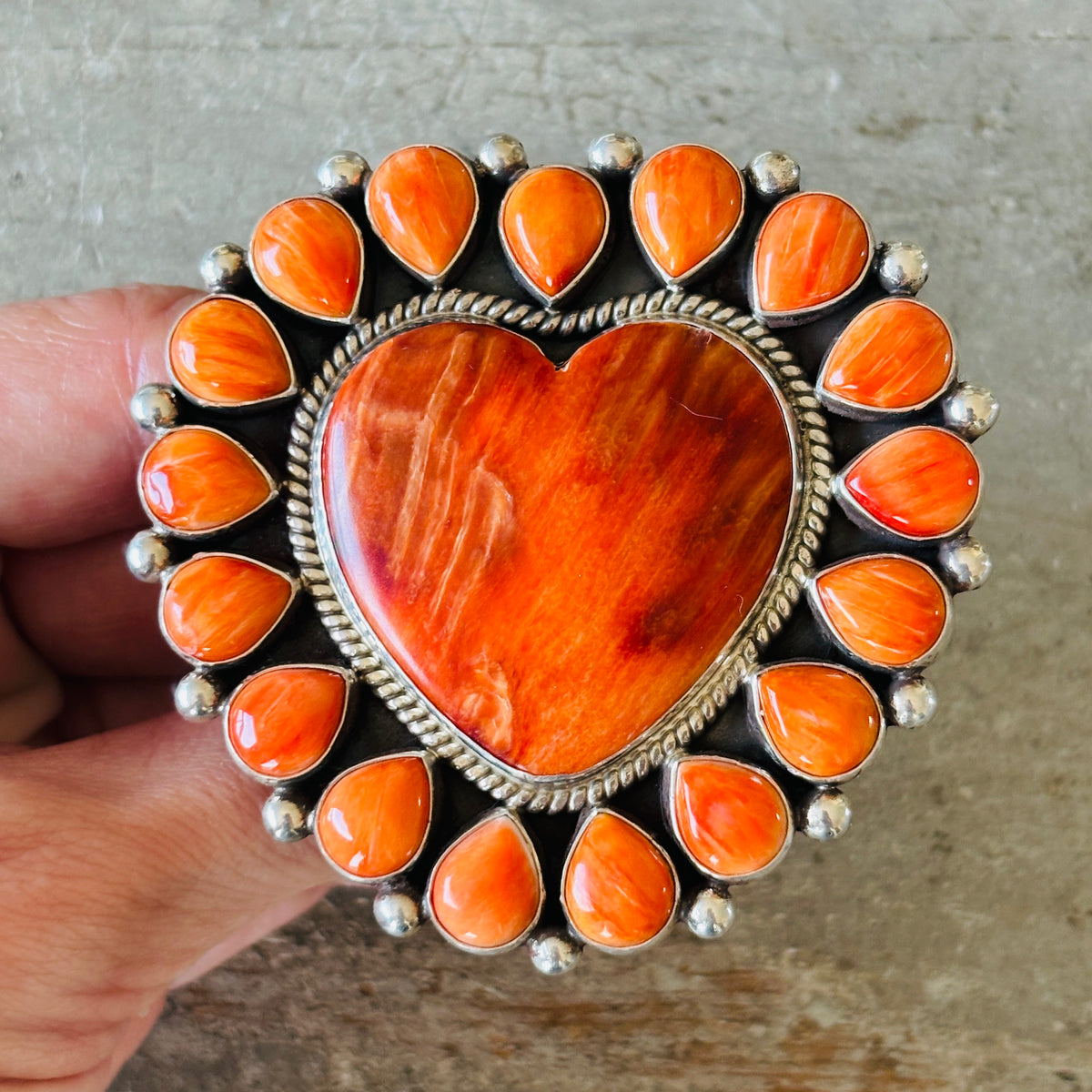 Navajo Tyler Brown Sterling Silver & Orange Spiny Oyster Heart Cluster Ring