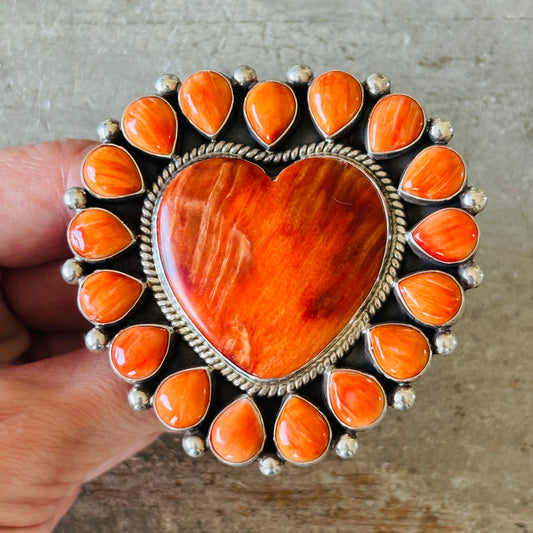 Navajo Tyler Brown Sterling Silver & Orange Spiny Oyster Heart Cluster Ring