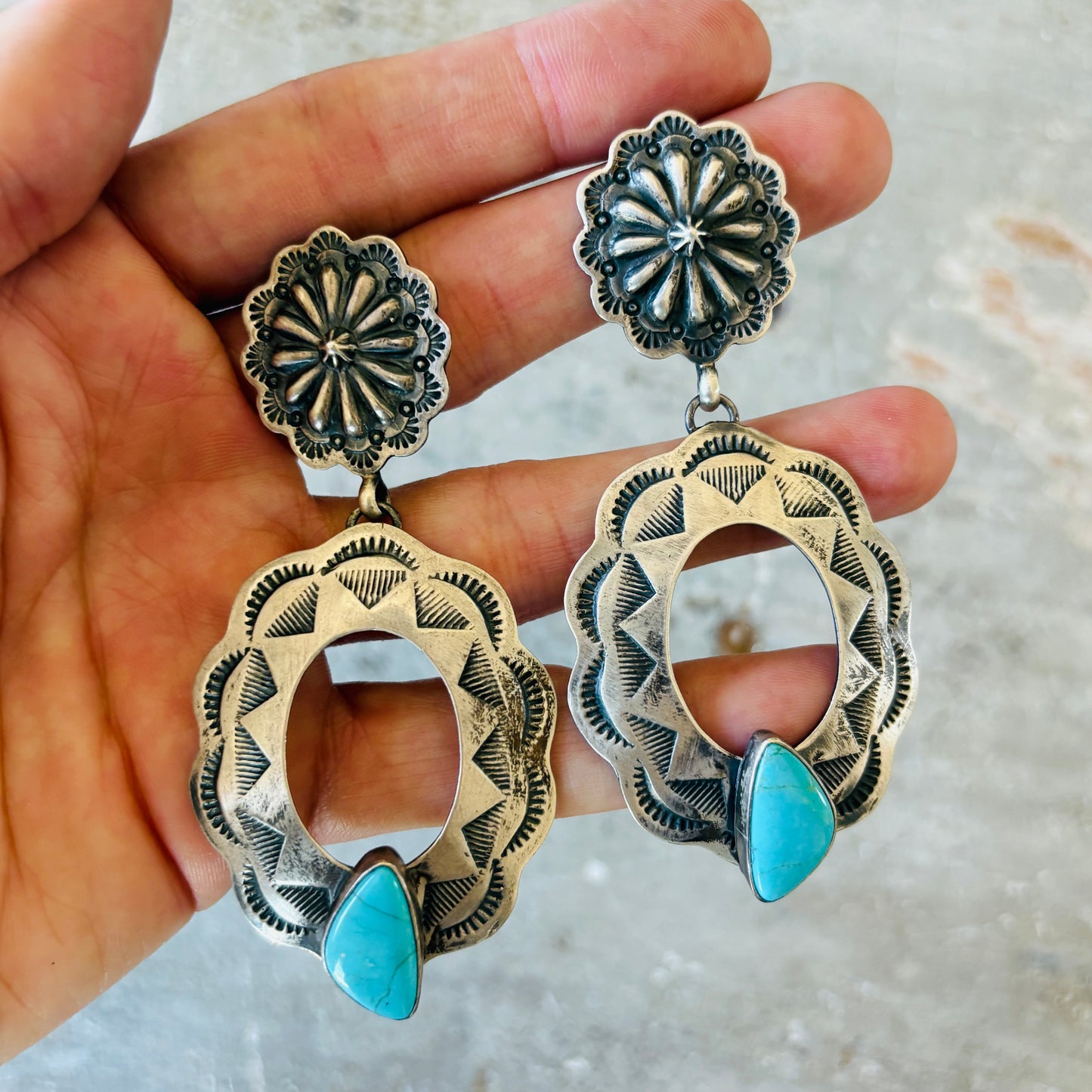 Navajo Mark B Begay Sterling Silver & Kingman Turquoise Concho Earrings
