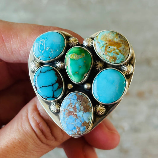 Navajo Freddy Platero Sterling Silver & Mixed Turquoise Cluster Heart