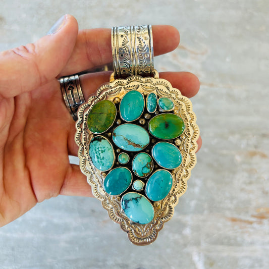 Navajo Ted Secatero Sterling Silver & Mixed Turquoise Arrowhead Pendant