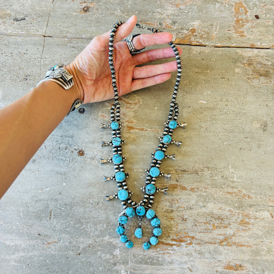 Navajo Lydia Begay Sterling Silver & Egyptian Turquoise Squash Blossom Necklace