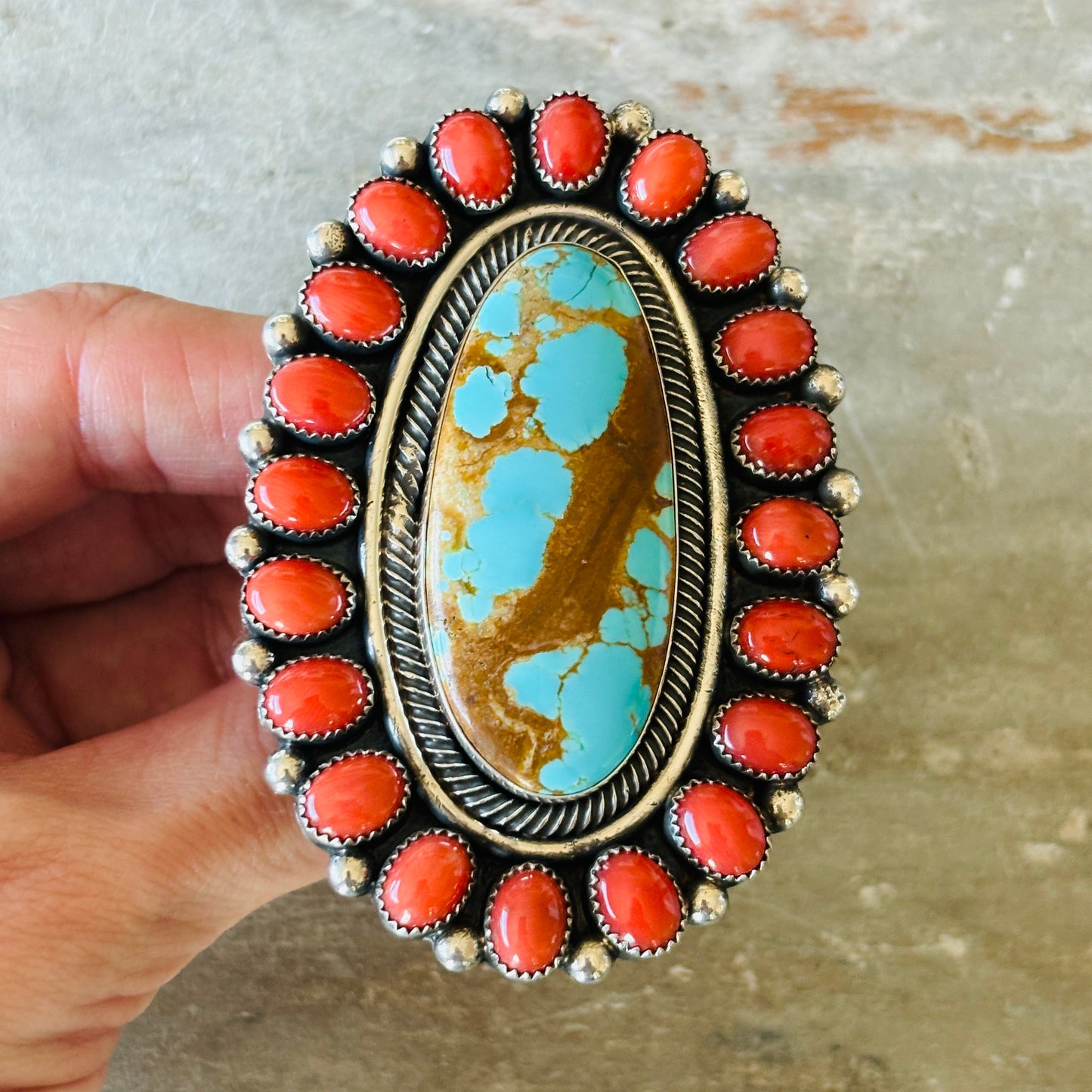 Navajo Hemerson Brown Sterling - Red Coral & #8 Turquoise Cluster Ring