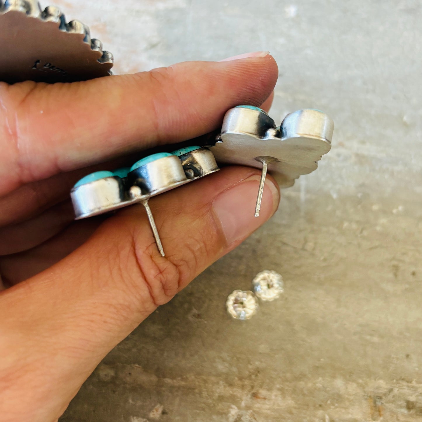 Navajo Lydia Begay Sterling Silver & Kingman Cluster Earrings