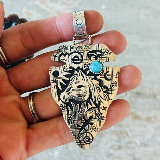 Navajo Richard Singer Sterling Silver & Kingman Turquoise Arrowhead Horse Overlay Pendant