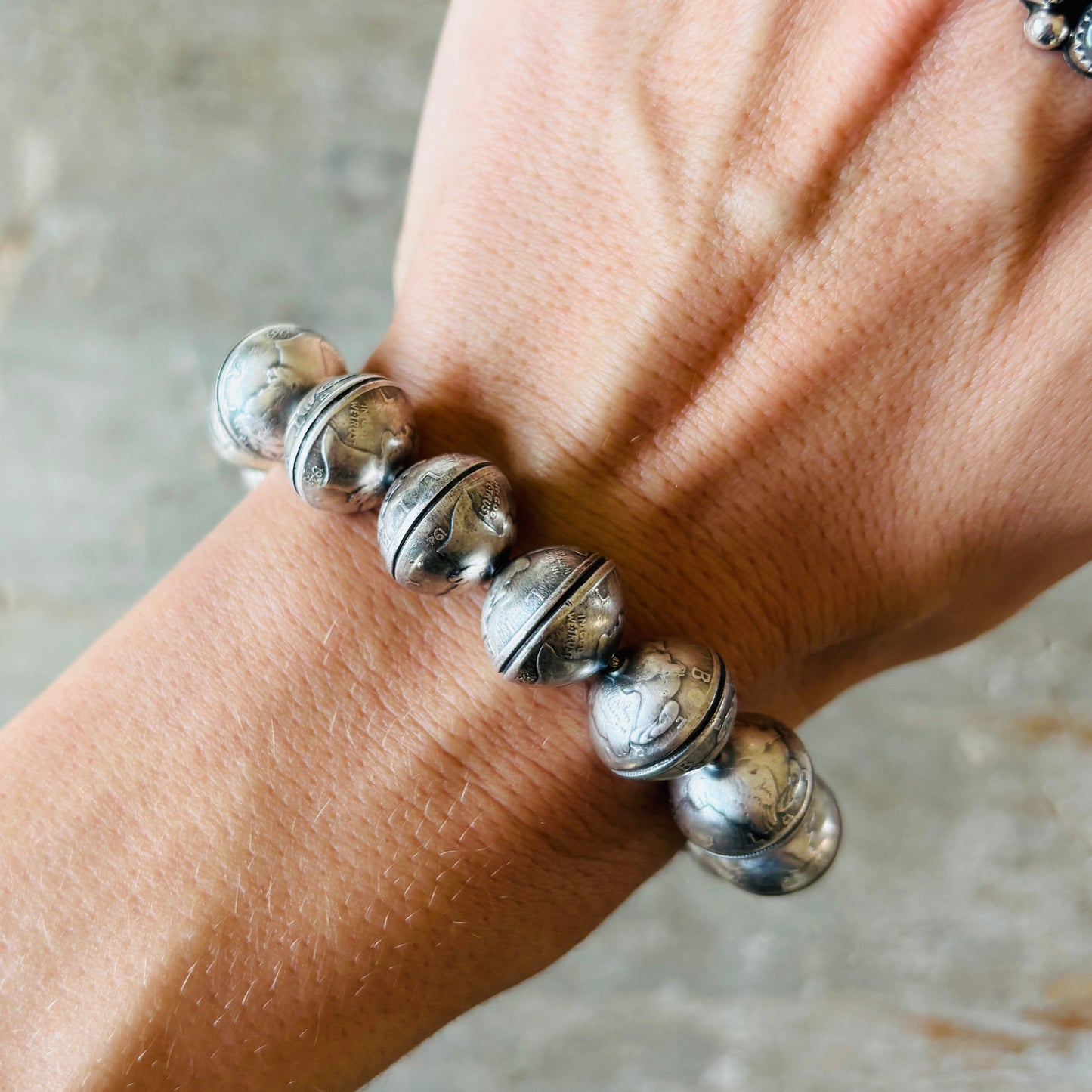 Navajo James McCabe Sterling Silver - Liberty Dime Beads & Turquoise Bracelet