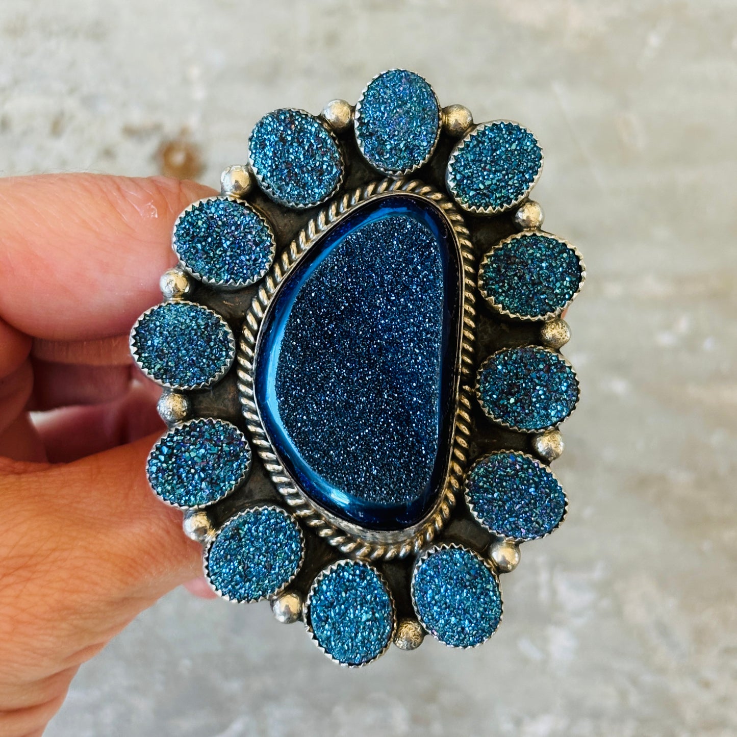Navajo Hemerson Brown Sterling Silver & Dark Blue Druzy Cluster Ring