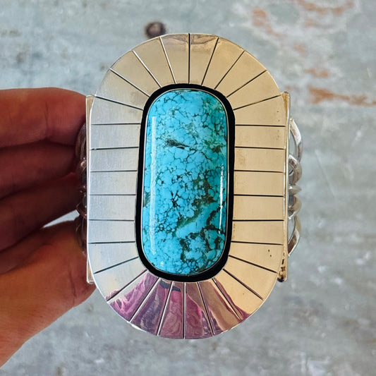 Navajo Running Bear Sterling Silver & Kingman Turquoise Statement Cuff