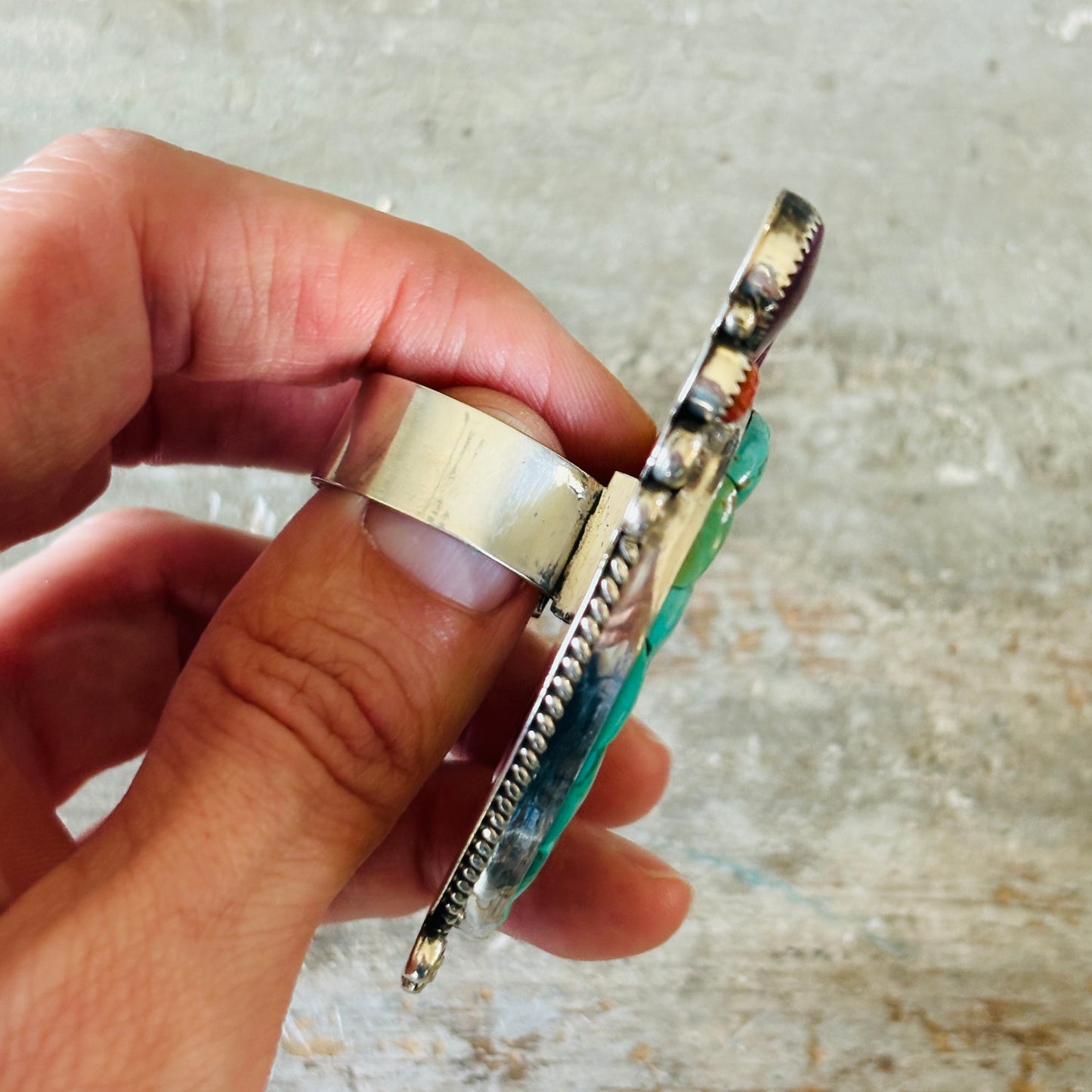 Navajo Hemerson Brown Sterling Silver - Orange - Purple Spiny & Kingman Turquoise Heart Cobblestone Ring