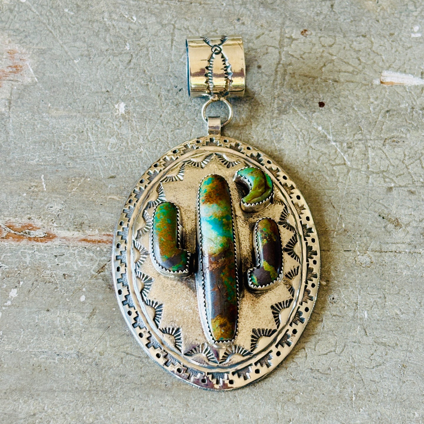 Navajo Hemerson Brown Sterling Silver & Kingman Turquoise Cactus Pendant