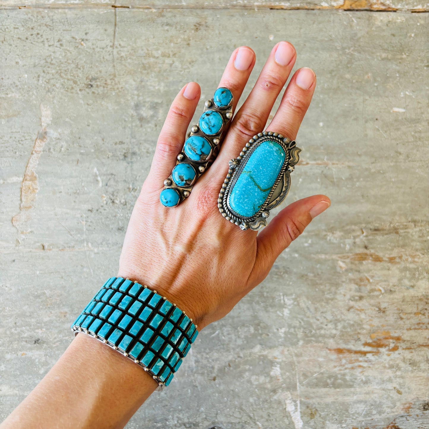 Navajo Violet Nez Sterling Silver & Kingman Turquoise Four Row Statement Cuff