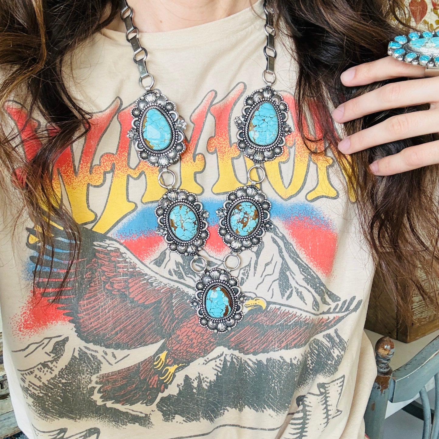 Navajo Braxton Parkett Sterling Silver & #8 Turquoise Statement Necklace