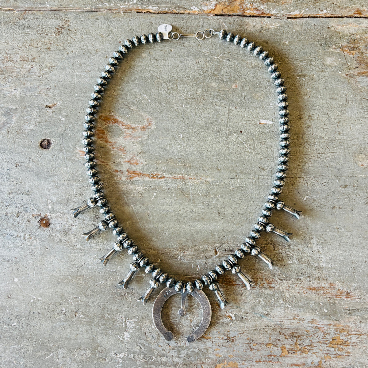 Navajo Austin Haley Sterling Silver 8mm Fluted Handmade Pearls Squash Blossom Necklace