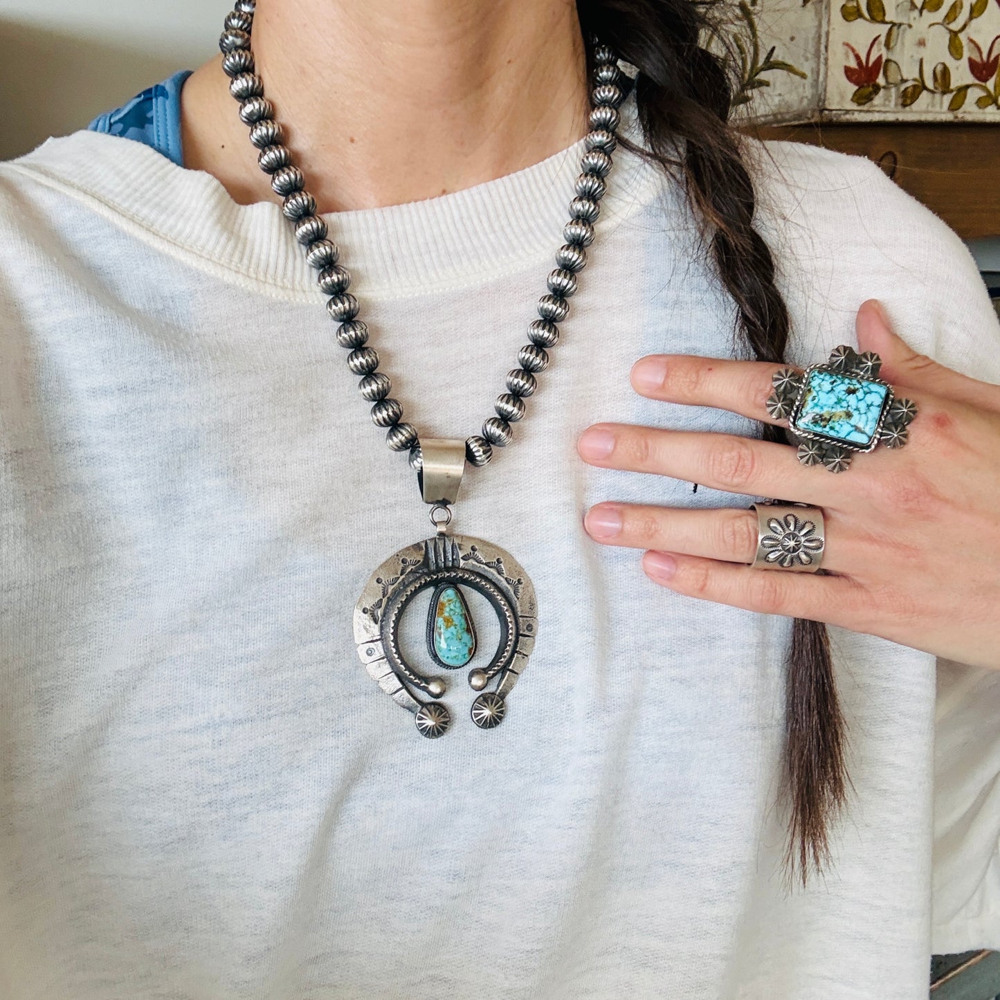 Navajo Hemerson Brown Sterling Silver & Kingman Turquoise Naja Pendant