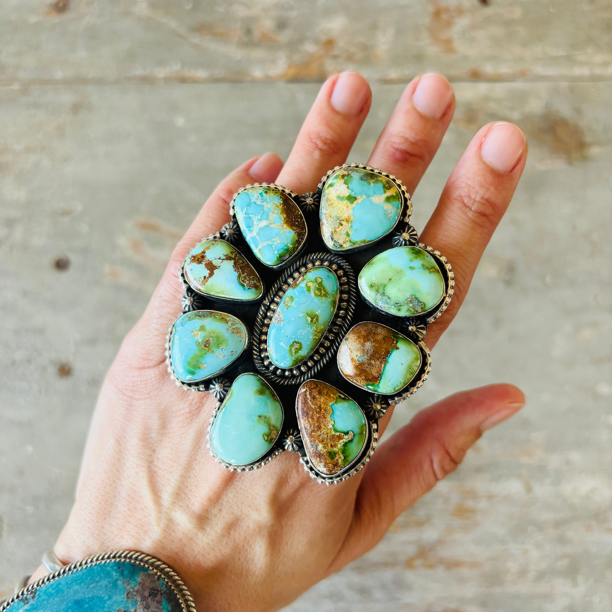 Navajo Hemerson Brown Sterling Silver & Sonoran Turquoise Cluster Statement Ring