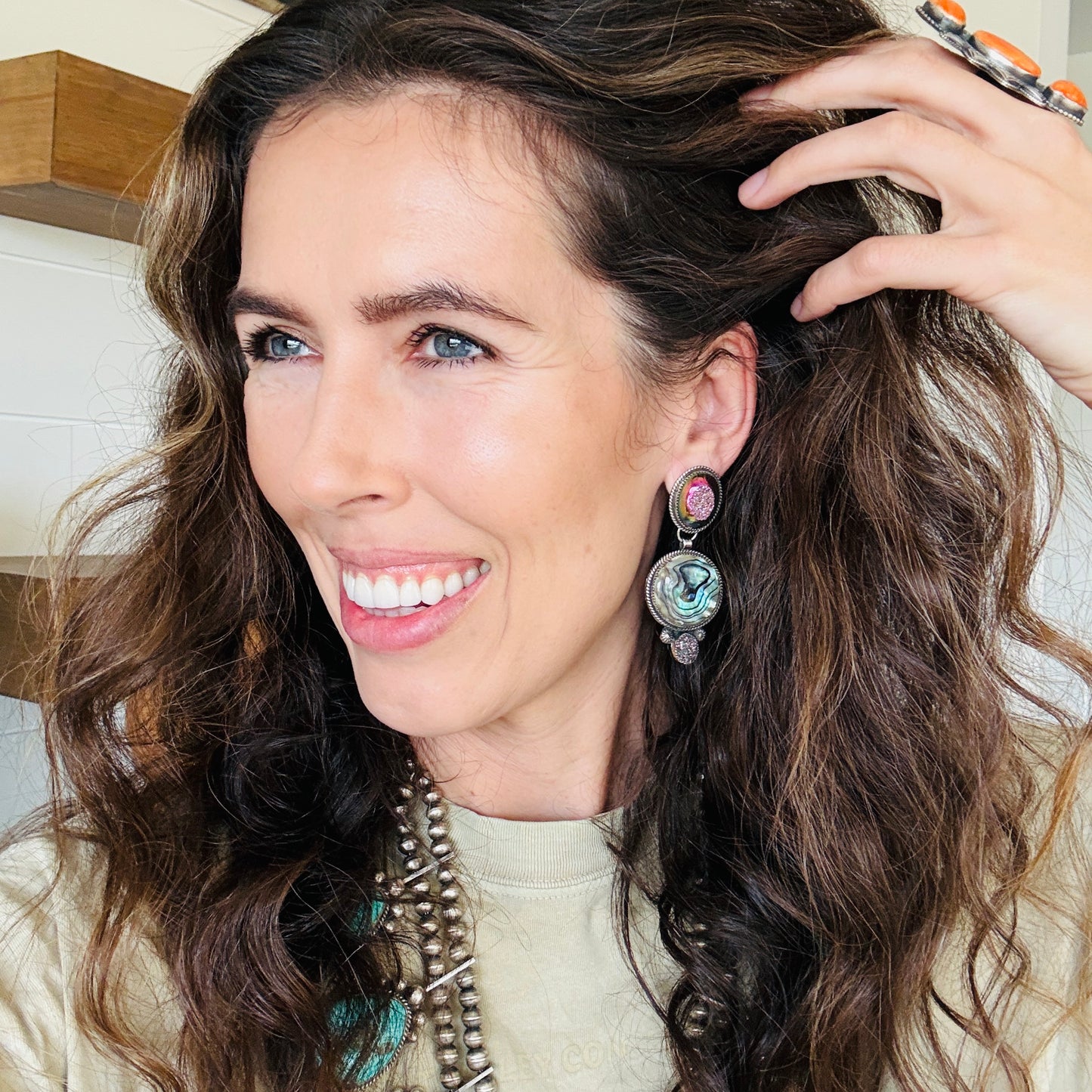 Navajo Hemerson Brown Sterling Silver - Abalone & Druzy Statement Earrings