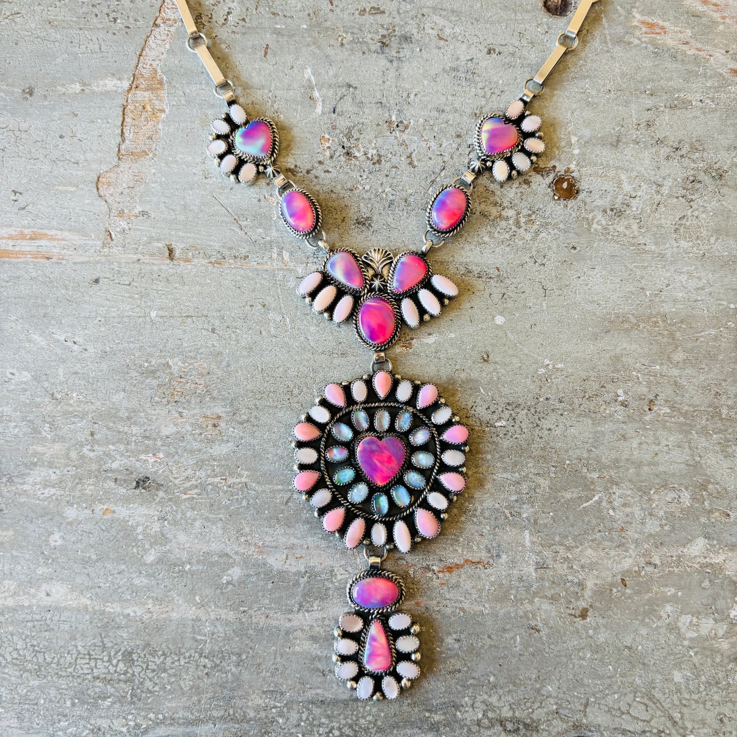 Navajo Hemerson Brown Sterling Silver - Opals & Shell Hearts Statement Necklace