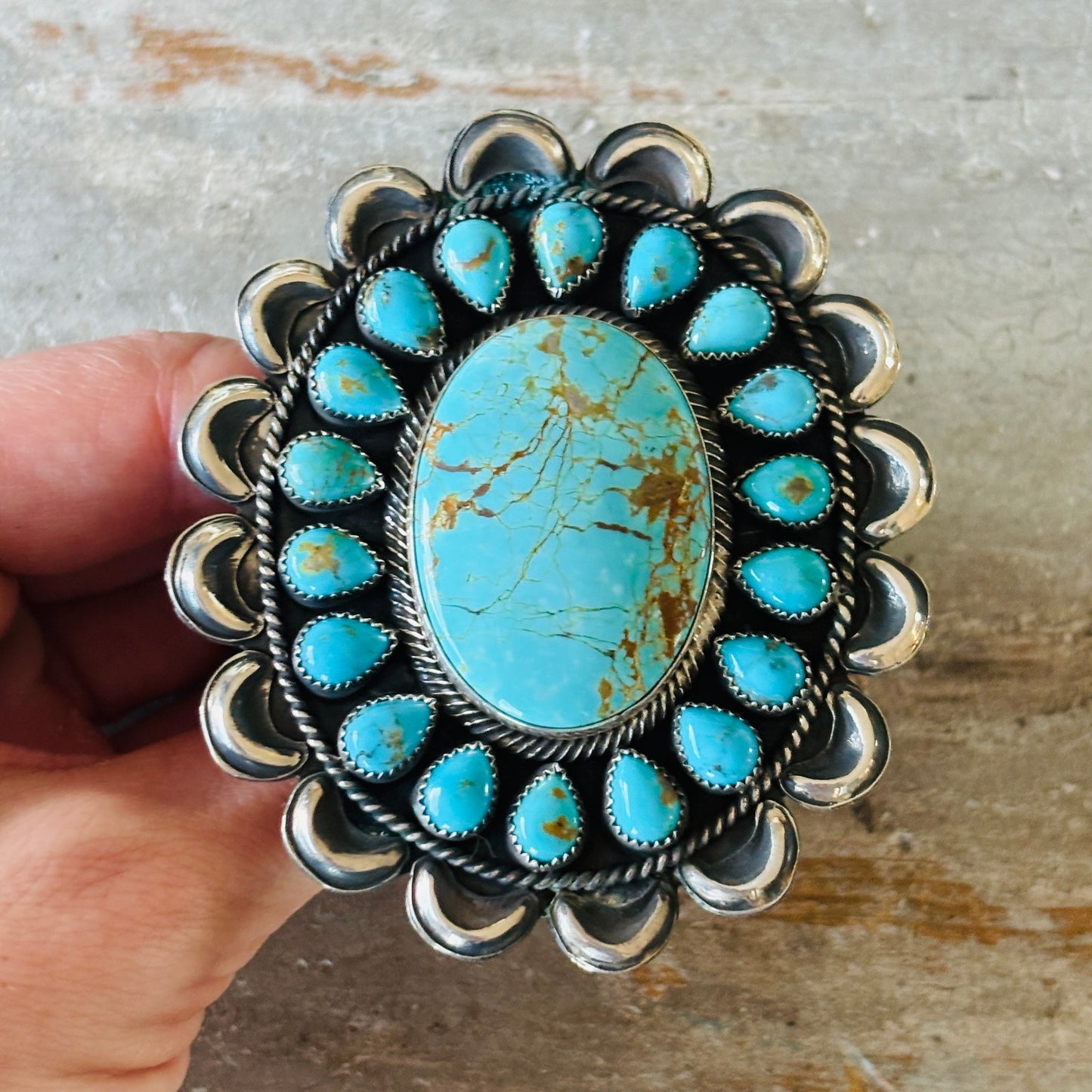 Navajo Hemerson Brown Sterling Silver & Kingman Turquoise Cluster Ring