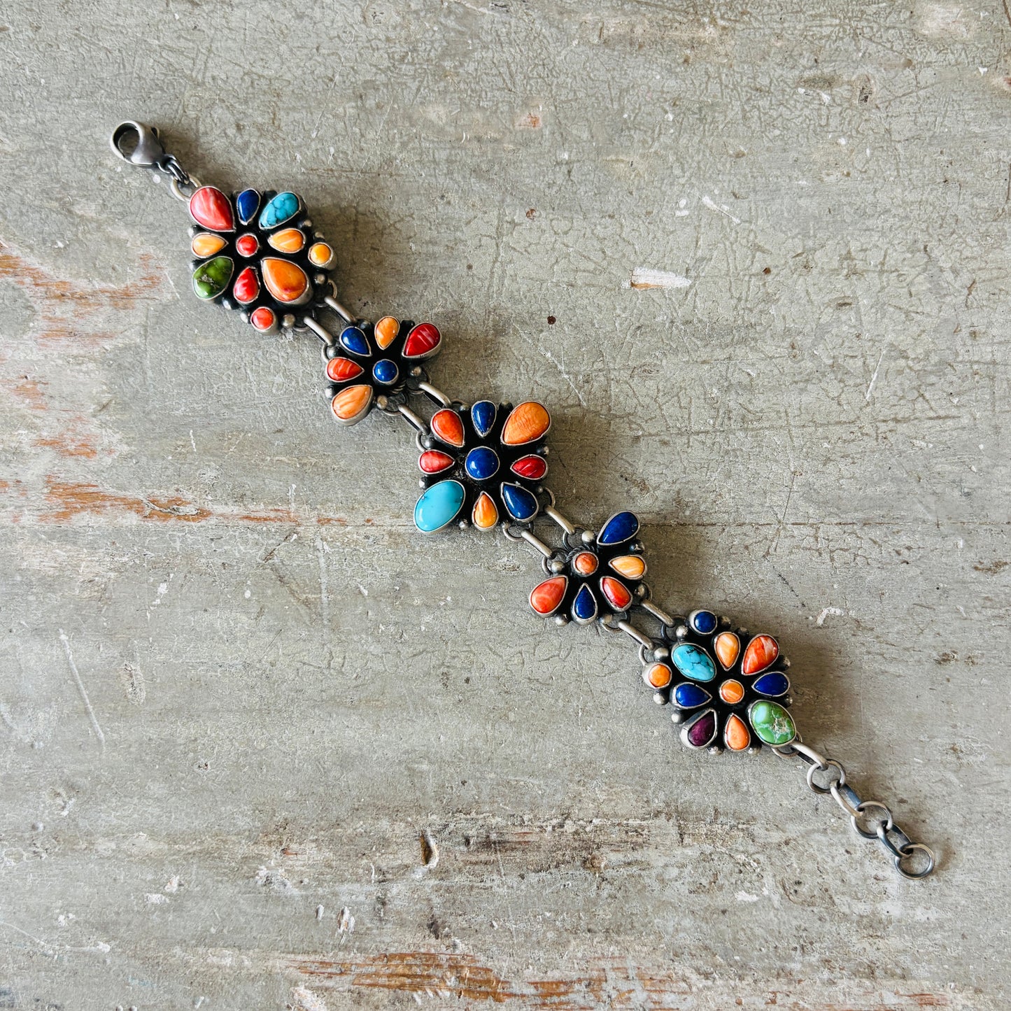 Navajo Betty Tom Sterling Silver Multi Stone Cluster Bracelet