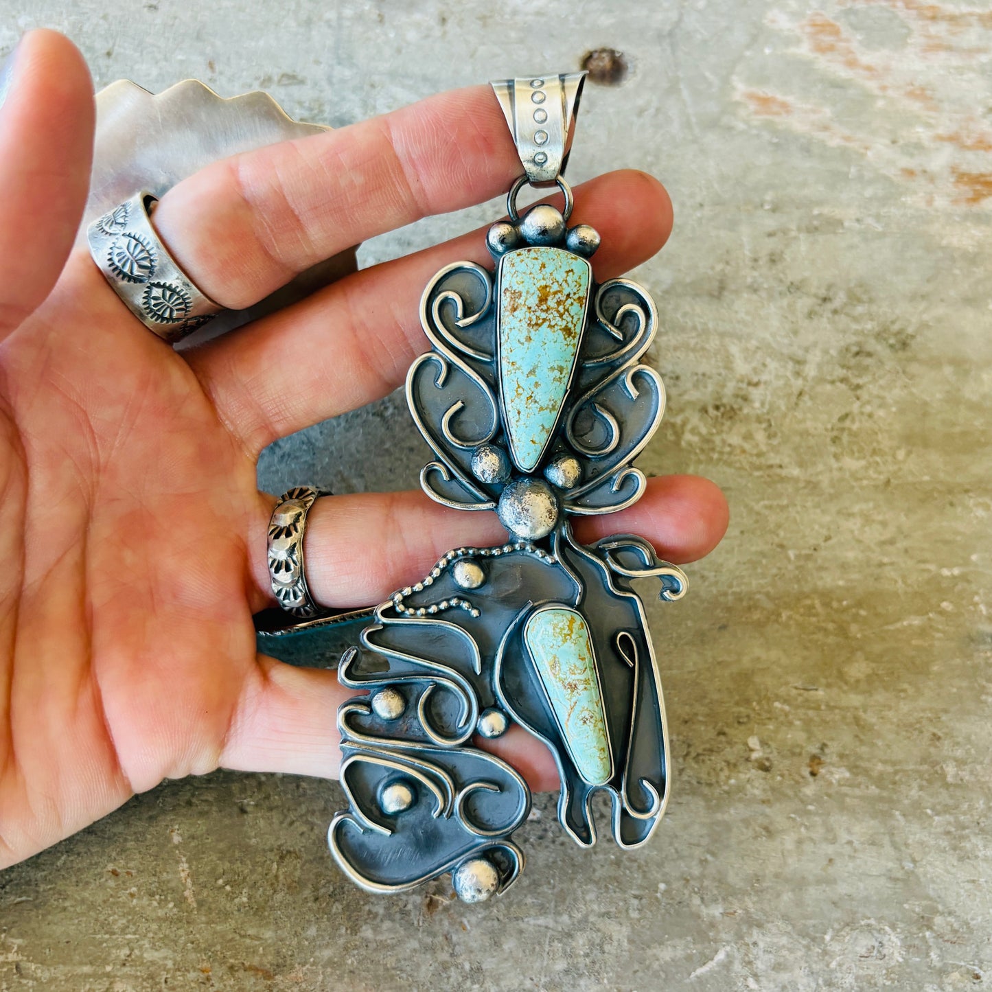 Navajo Miranda Willie Sterling Silver & #8 Turquoise Horse Head Pendant