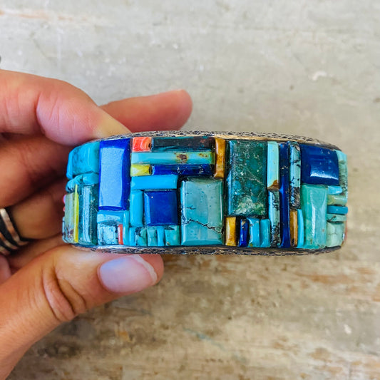 Navajo Lester James Sterling Silver & Multi Stone Tufa Cast Cuff