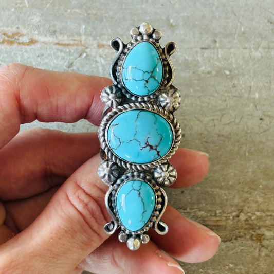 Apache Rosella Paxson Sterling Silver & Egyptian Turquoise Three Stone Ring