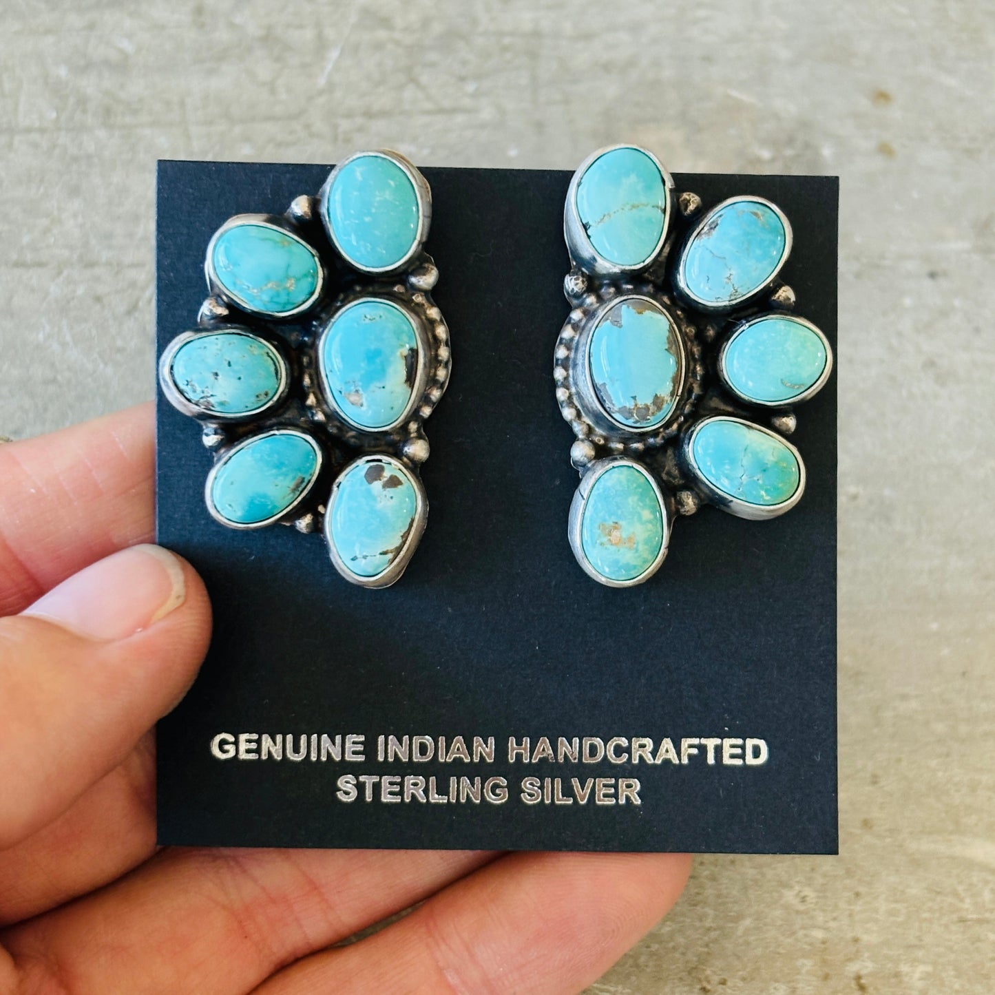 Navajo Lydia Begay Sterling Silver & Kingman Cluster Earrings