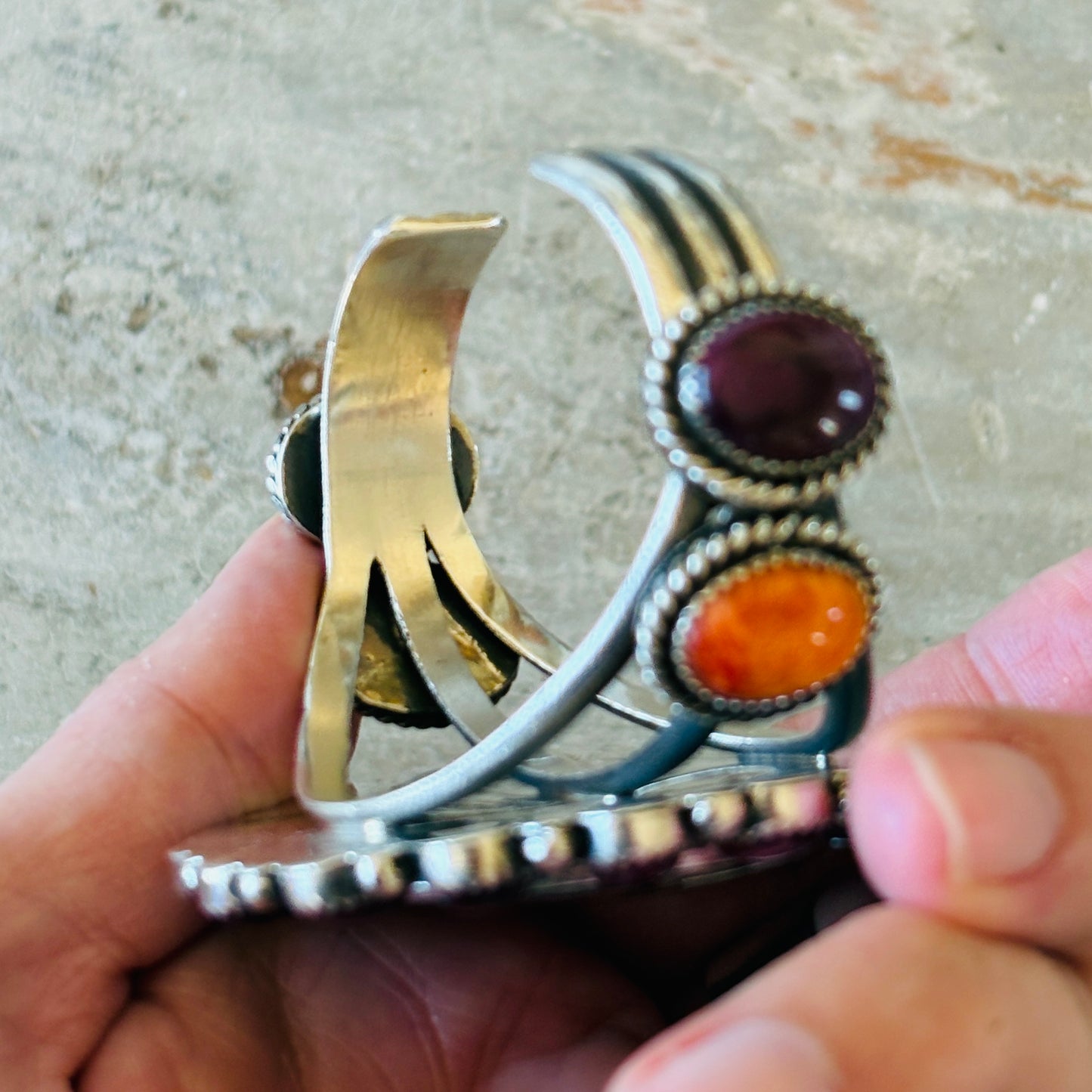 Navajo Hemerson Brown Sterling Silver - Abalone - Purple & Orange Spiny Cluster Cuff
