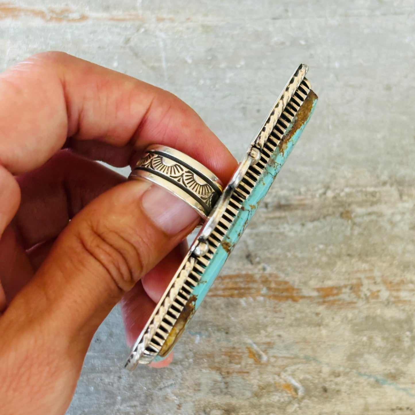 Navajo Landon Secatero Sterling Silver & Kingman Turquoise Rectangle Ring