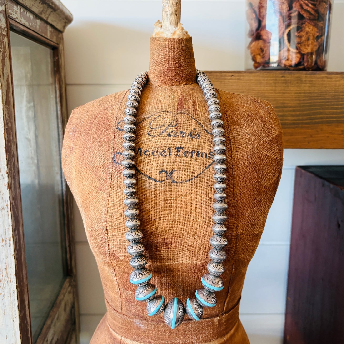 Vintage Signed BJ Sterling Silver & Turquoise Inlay Graduated Handmade Pearls