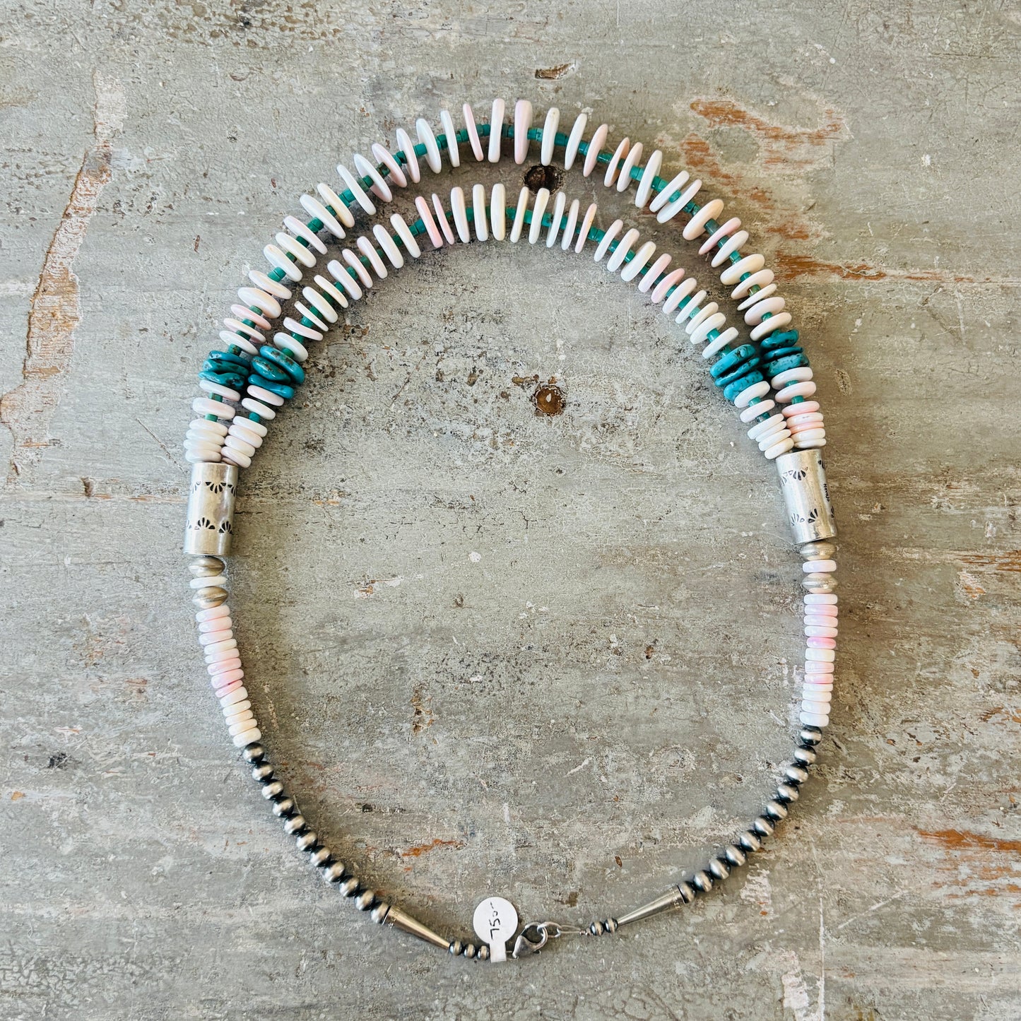 Navajo Charlene Little Sterling Silver - Pink Conch & Kingman Turquoise Statement Necklace