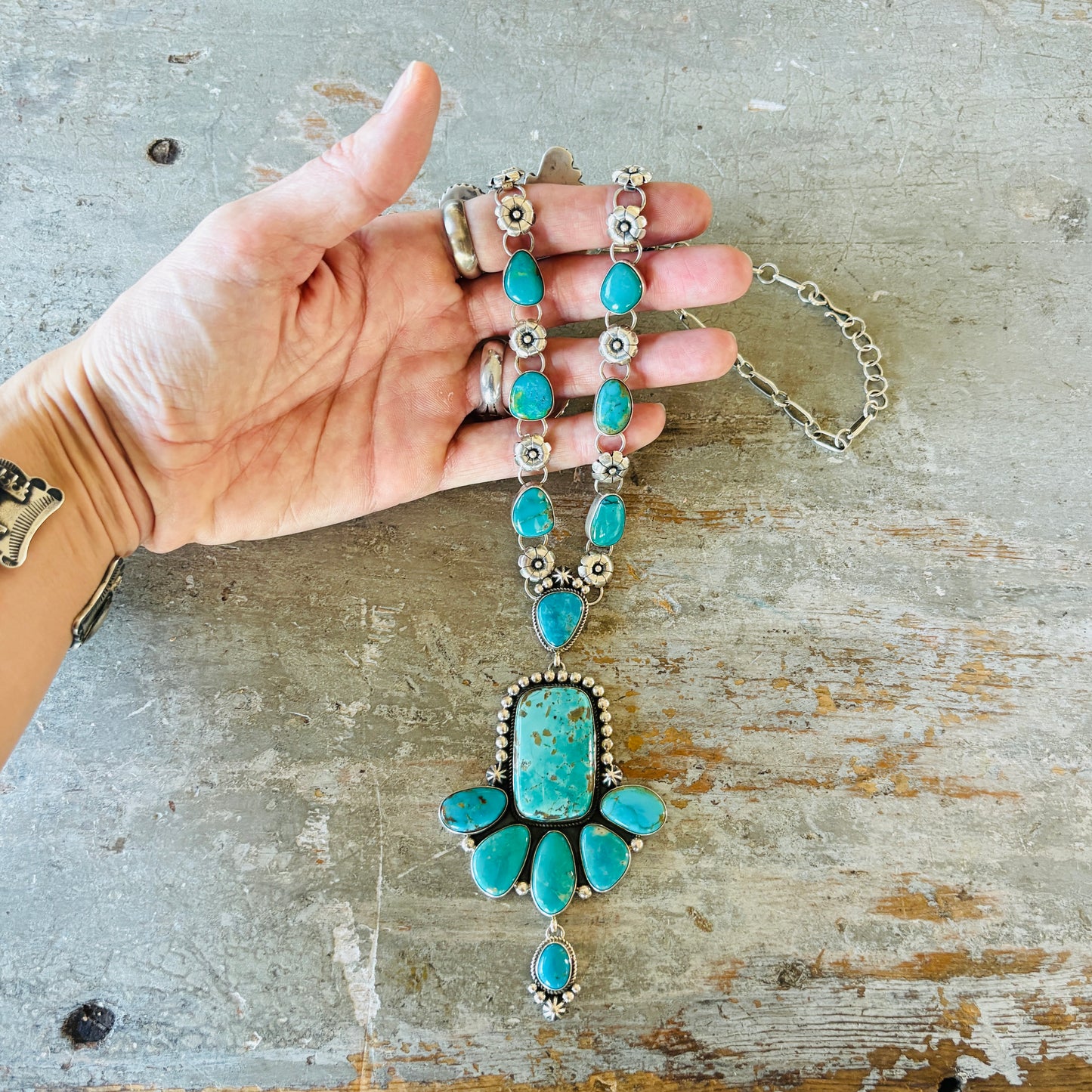 Navajo Albert Dawes Sterling Silver & Armenian Turquoise Statement Floral Necklace