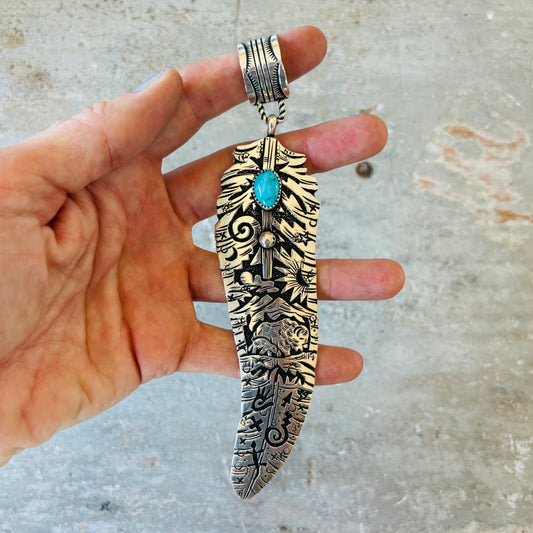 Navajo Richard Singer Sterling Silver & Kingman Turquoise Feather Storyteller Pendant