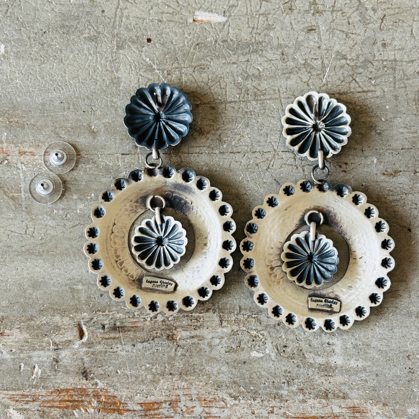 Navajo Eugene Charley Sterling Silver Concho Statement Earrings