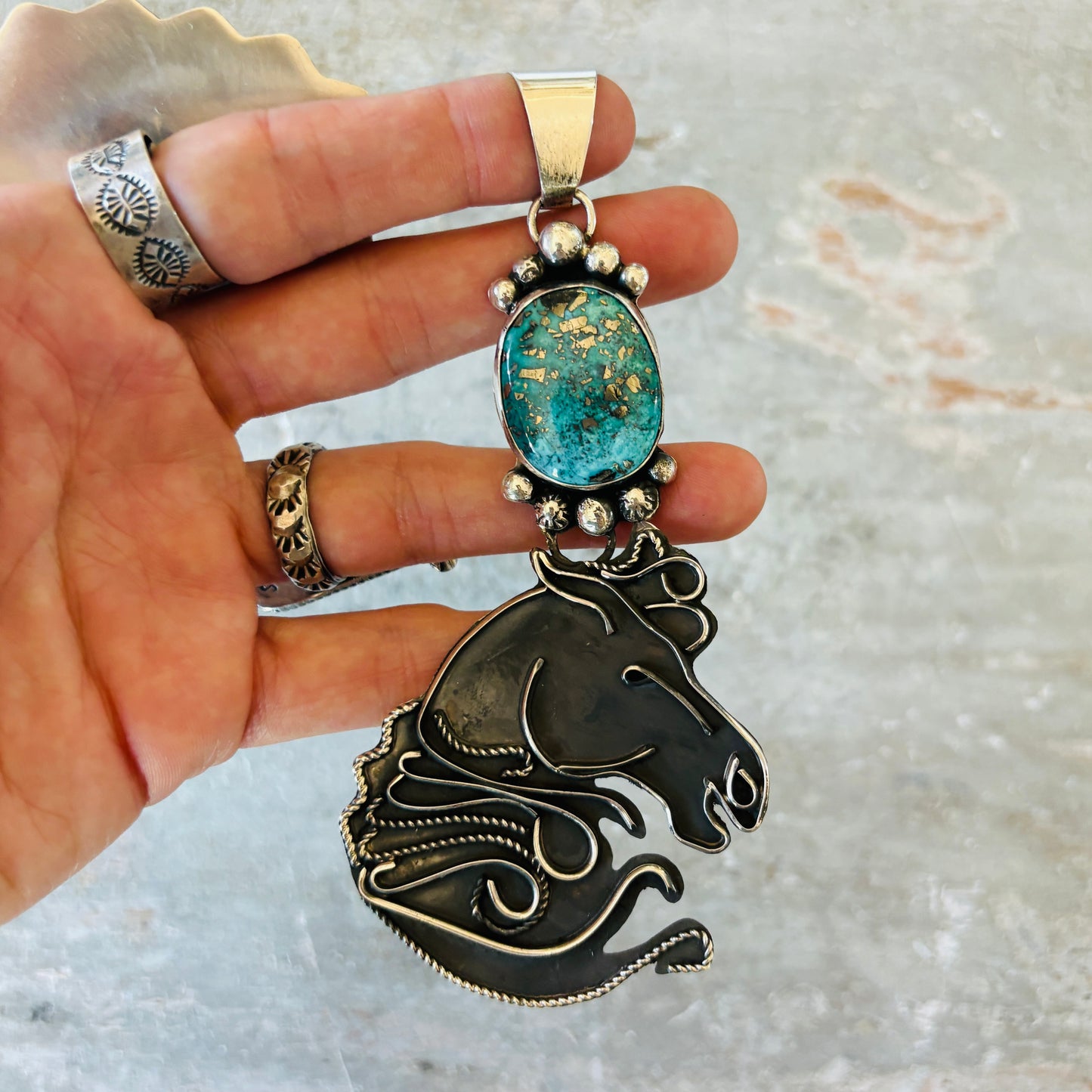 Navajo Miranda Willie Sterling Silver & Persian Turquoise Horse Head Pendant